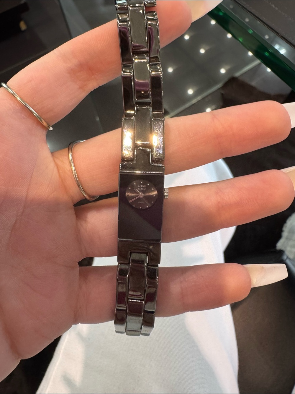 Vintage Anne Klein Swiss Parts Black Chrome Faceted Crystal Tank Bangle Watch